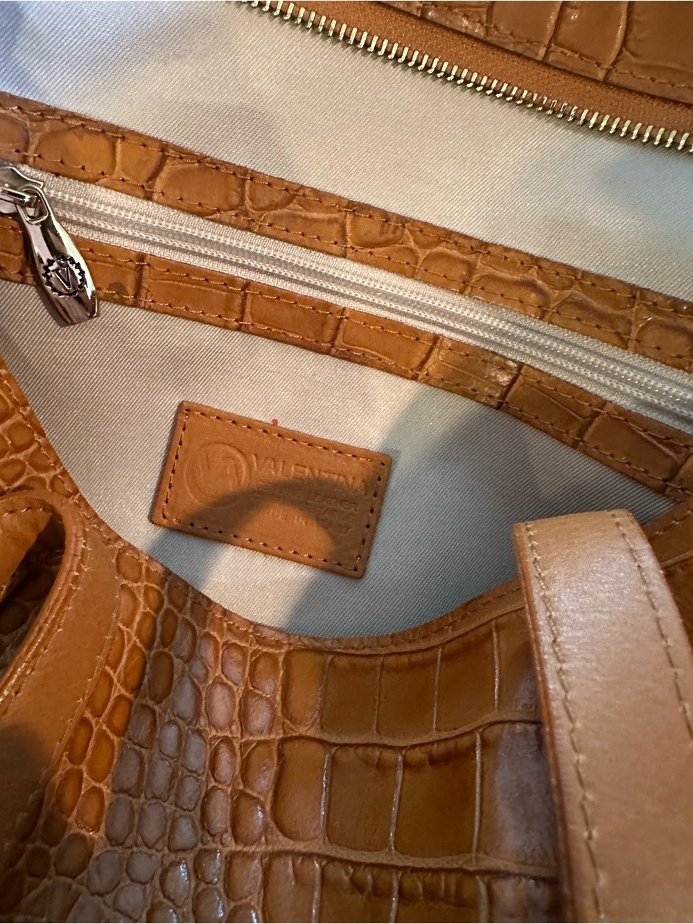 Valentina Tradizione Cognac Croc Embossed Genuine Leather Tote Made in Italy - Picture 6 of 8